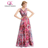 Grace Karin Floral Print Long Evening Dress 2016 Double V Neck Pattern Elegant Prom Gowns Chiffon Pleated Formal Evening Dresses