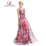 Grace Karin Floral Print Long Evening Dress 2016 Double V Neck Pattern Elegant Prom Gowns Chiffon Pleated Formal Evening Dresses