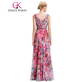 Grace Karin Floral Print Long Evening Dress 2016 Double V Neck Pattern Elegant Prom Gowns Chiffon Pleated Formal Evening Dresses