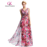 Grace Karin Floral Print Long Evening Dress 2016 Double V Neck Pattern Elegant Prom Gowns Chiffon Pleated Formal Evening Dresses