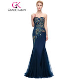 Grace Karin Evening Dress 2017 New Long Navy Blue Mermaid Evening Gowns Strapless Sweetheart Peacock Special Occasion Dresses