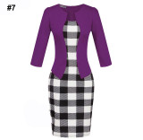 Gift Sashes Womens Elegant Belted Tartan Wear to Work Business Dress Lady Autumn Long Sleeve Plaid Office Pencil Dress Plus Size