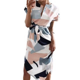 Geometric Print Dress 2018 New Fashion Women V-Neck Short Sleeve Summer Dresses Casual Sashes Robe Dress Vestidos