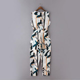 Geometric Print Contrast Color Block Button Front Belt Waist Jumpsuit Romper Playsuit Casual Streetwear 2017 Summer Women Y72