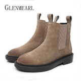 Genuine Leather Women Chelsea Boots Brand Winter Warm Short Ankle Boots Plus Size Platform Single Flats Martin Shoes Woman 30