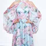 Dressv cheap printing prom party evening dress halter a line long sleeves formal party dress elegant women long evening dresses