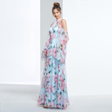 Dressv cheap printing prom party evening dress halter a line long sleeves formal party dress elegant women long evening dresses