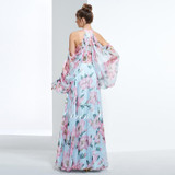 Dressv cheap printing prom party evening dress halter a line long sleeves formal party dress elegant women long evening dresses