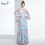 Dressv cheap printing prom party evening dress halter a line long sleeves formal party dress elegant women long evening dresses