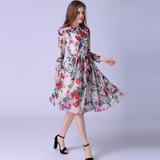 Dress 2016 Summer European New Fashion Women Long Sleeve Rose and Birds Print Elegant Above Knee High Quality Dress