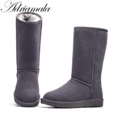 Adriamala Snow Boots Winter Women Shoes 2017 Cow Split Mid-calf Slip-on Shoe Round Toe Flat Leather Knee High Boots For Women