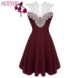 ACEVOG Women Summer Lace Dress Sexy vestidos 2017 Lady Sleeveless Lace Patchwork High Waist Pleated Casual Knee Length Dress