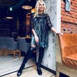 Capucines Autumn Winter Sexy Hollow Out Lace Patchwork Velvet Dress Women Three Quarter Fashion Pleated Dress Casual Loose