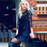 Capucines Autumn Winter Sexy Hollow Out Lace Patchwork Velvet Dress Women Three Quarter Fashion Pleated Dress Casual Loose