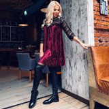 Capucines Autumn Winter Sexy Hollow Out Lace Patchwork Velvet Dress Women Three Quarter Fashion Pleated Dress Casual Loose