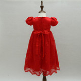 Ivory and Red Baby Girl Christening Gown Newborn Baptism Dress 1 Year Birthday Dress Long Lace Baby Girl Dress