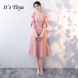 It's YiiYa Pink Off The Shoulder Half Sleeve Backless Appliques Ruffles Lace Zipper Cocktail Gowns Tea Length Formal Dress LX415