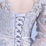 It's YiiYa New Lace Gray Half Sleeves Bow Illusion Flowers Knee Length Dinner Bridesmaids Dresses Party Short Formal Dress LX066