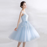 It's YiiYa New Light Blue Sleeveless Backless Lace Illusion Cocktail Dress Knee Length Formal Dress Party Gown LX182