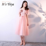 It's YiiYa Luxury Pink V-Neck Half Sleeve Floral Print Lace Cocktail Dress Embroidery Tea-Length Formal Dress Party Gown MX065