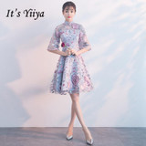 It's YiiYa Luxury High Collar Half Sleeve Floral Print Lace Cocktail Dresses Knee-Length Formal Dress Party Gown MX051