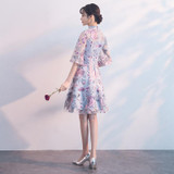 It's YiiYa Luxury High Collar Half Sleeve Floral Print Lace Cocktail Dresses Knee-Length Formal Dress Party Gown MX051