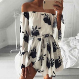iShine Off the shoulder floral printed women sexy short beach boho dress vestidos flare sleeve slash neck women mini dress