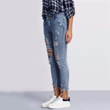 iSHINE 2017 NEW Boyfriend Casual Cool Jeans Slim women's Hole jeans pants Vintage Ripped Ankle-Length Mid Skinny Ankle torn tear