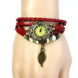 Irisshine woman watch lady girl Women Bracelet Vintage Weave Wrap Quartz Leather Leaf Beads Wristwatches Wholesale K94