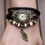 Irisshine woman watch lady girl Women Bracelet Vintage Weave Wrap Quartz Leather Leaf Beads Wristwatches Wholesale K94