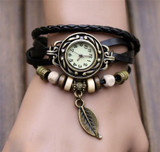 Irisshine woman watch lady girl Women Bracelet Vintage Weave Wrap Quartz Leather Leaf Beads Wristwatches Wholesale K94