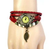 Irisshine woman watch lady girl Women Bracelet Vintage Weave Wrap Quartz Leather Leaf Beads Wristwatches Wholesale K94