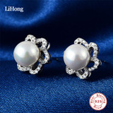 925 Sterling Silver Delicate Earrings, White Pearl &amp; Clear CZ Women Stud Earrings Wedding Pearl Jewelry