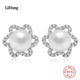 925 Sterling Silver Delicate Earrings, White Pearl &amp; Clear CZ Women Stud Earrings Wedding Pearl Jewelry