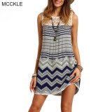 MCCKLE Women's Fashion Dresses Bohemian Beach Mini Dresses Women Striped Multicolor Sleeveless Print Lace Slim Tank Sexy Dress