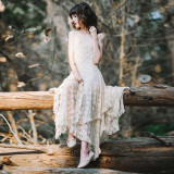 MCCKLE Women's Boho People Hippie Style Irregular Lace Dresses Sexy Long Dress Double Layered Ruffled Trimming Dress Clothing