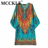 MCCKLE women summer dress 2017 vintage Boho print chiffon beach dresses Sexy V neck Half sleeve casual slim bohemian dress