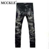 MCCKLE New Black Jeans Men 100% Cotton Dragon Pattern Brand Designer Mens Printed Jeans Slim Fit Denim Mens Jeans Joggers Q1413