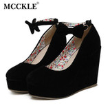 MCCKLE  Women Fashion Buckle Ladies Shoes Wedges High Heels Platform black casual bowtie Pumps tenis feminino sapato feminino