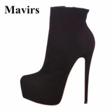 Mavirs 2017 Round Toe Faux Suede Platform High Heels Ankle Boots Women Pumps 16 CM Stiletto Black Bride Party Shoes Size 5 - 15