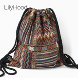 LilyHood Women's Boho Chic Aztec Fabric Drawstring Backpack