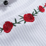 White Floral Embroidery Knitted Crop Top for Women - Autumn 2017