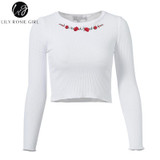White Floral Embroidery Knitted Crop Top for Women - Autumn 2017