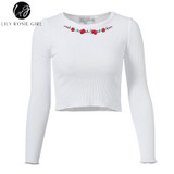 White Floral Embroidery Knitted Crop Top for Women - Autumn 2017