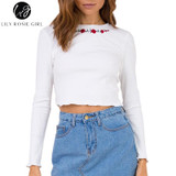 White Floral Embroidery Knitted Crop Top for Women - Autumn 2017