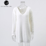 V Neck Off Shoulder Women's Sweater - Casual Autumn Winter Top