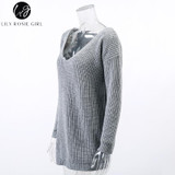 V Neck Off Shoulder Women's Sweater - Casual Autumn Winter Top