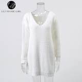 V Neck Off Shoulder Women's Sweater - Casual Autumn Winter Top