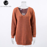 V Neck Off Shoulder Women's Sweater - Casual Autumn Winter Top