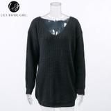 V Neck Off Shoulder Women's Sweater - Casual Autumn Winter Top